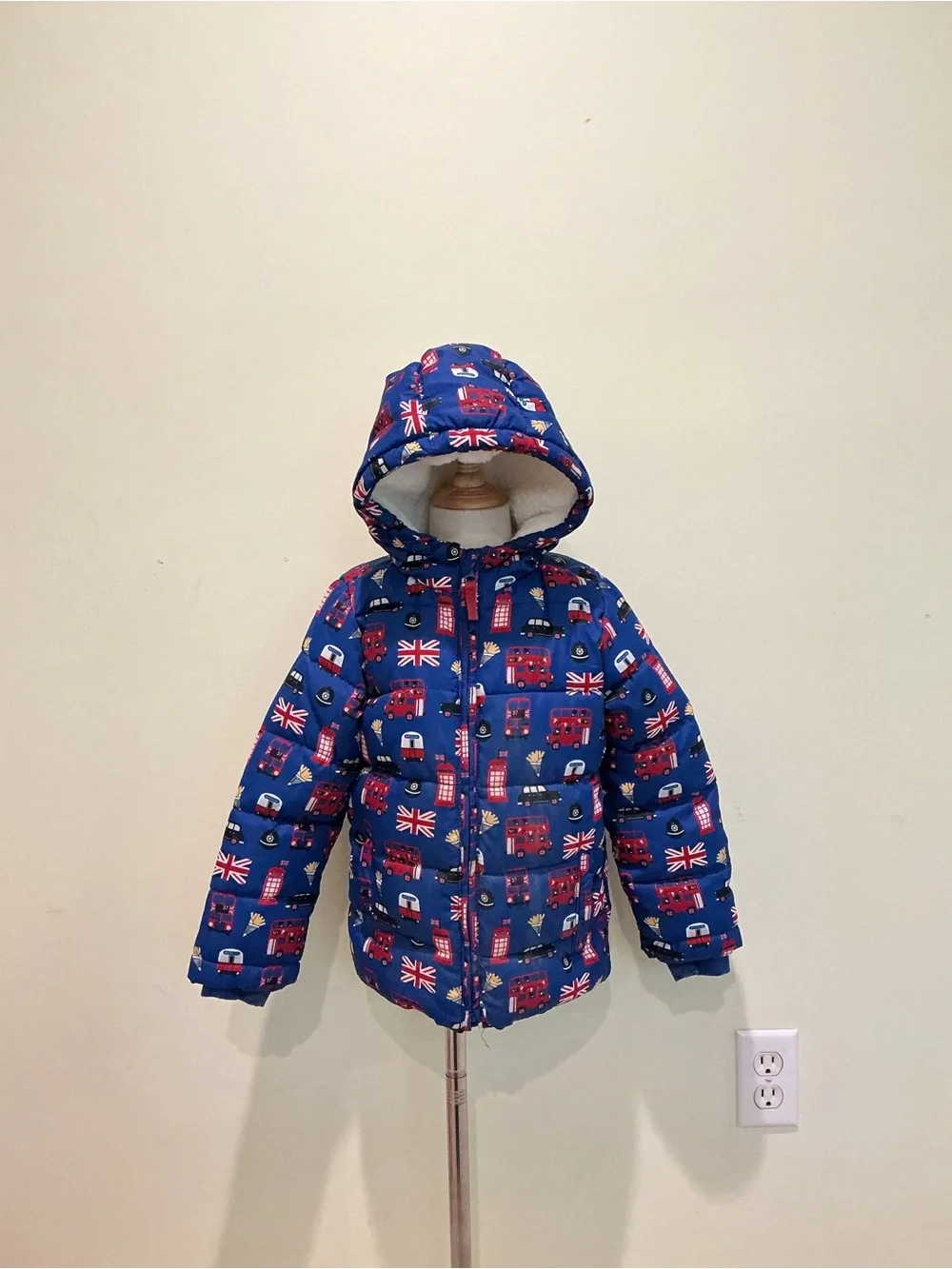 Gymboree Blue Hooded Puffer Jacket with British Motifs